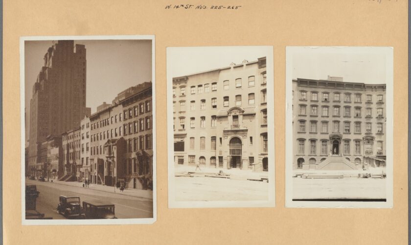 Three historical images of 'Little Spain' buildings placed side by side